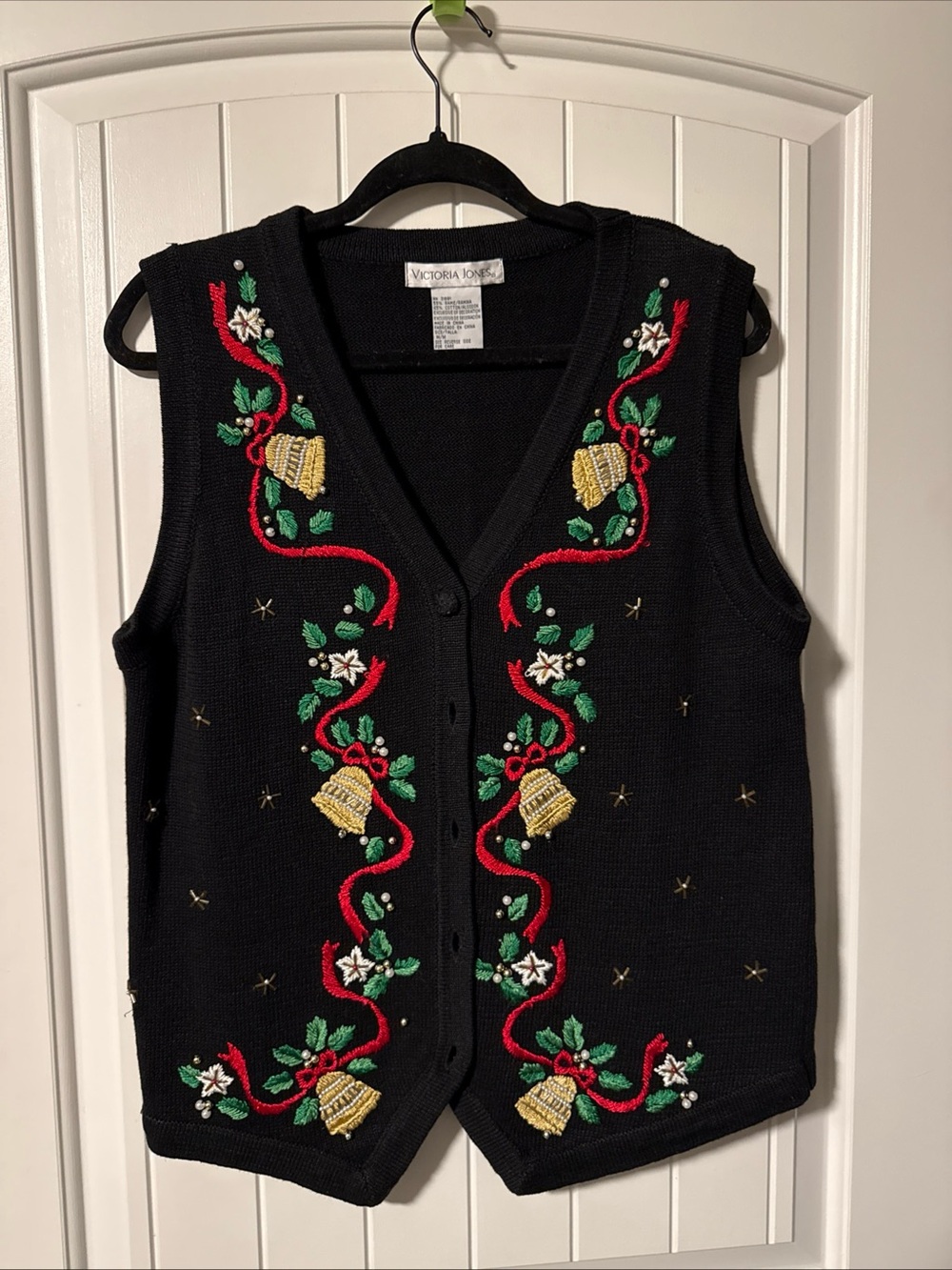 Vtg Victoria Jones Black Embroidered Holiday Sweater Vest Gold Bells Beads sz M